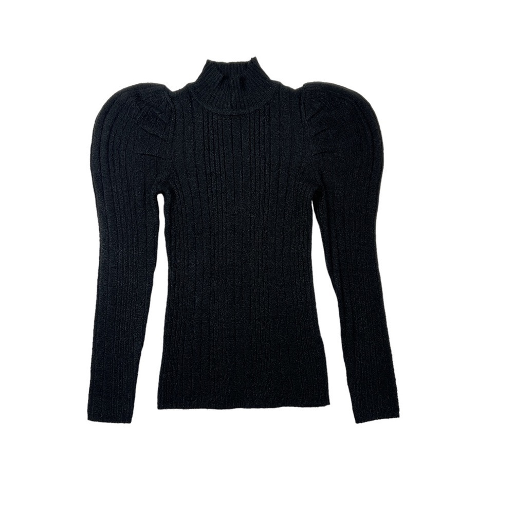 Current Air Black Ribbed Knit Mock Neck Long Puff Sleeve Sweater